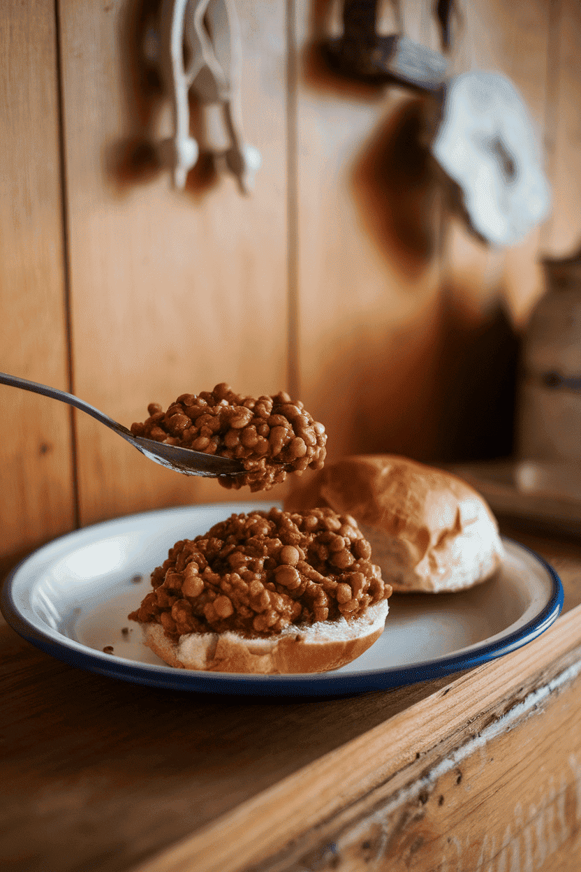 Photo of a lentil sloppy joe mixture spooned onto a bun on an enamel plate indoors. Warm cabin lighting; no text or logos present.