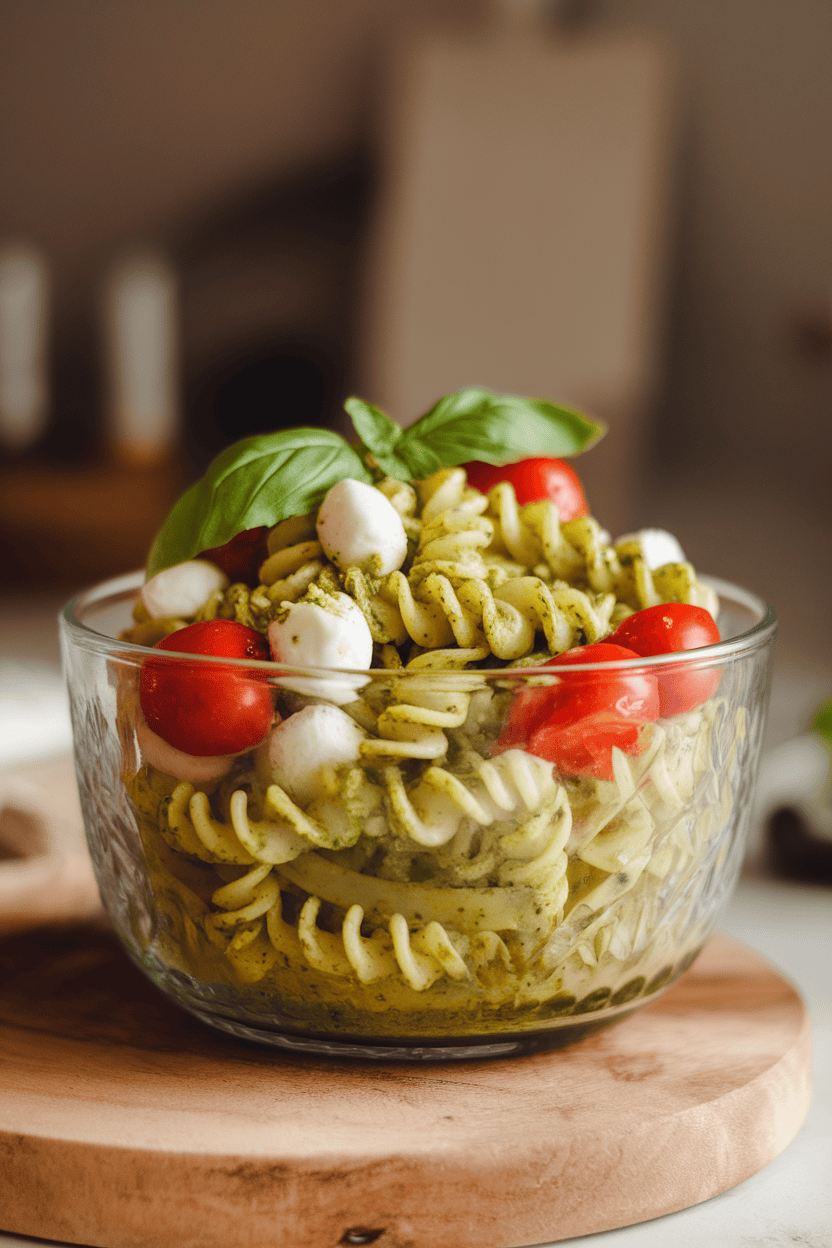 Indoor photo of a glass bowl filled with corkscrew pasta coated in vibrant green pesto, cherry tomatoes, and mozzarella pearls. Soft kitchen lighting, no text or logos.