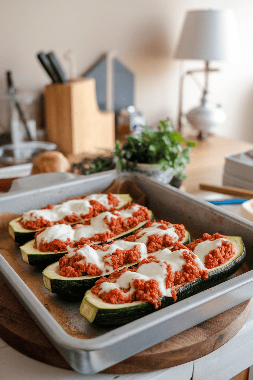 A baking dish on an indoor table showing halved zucchini stuffed with tomatoey ground beef and topped with melted mozzarella; photo, no text or logos.