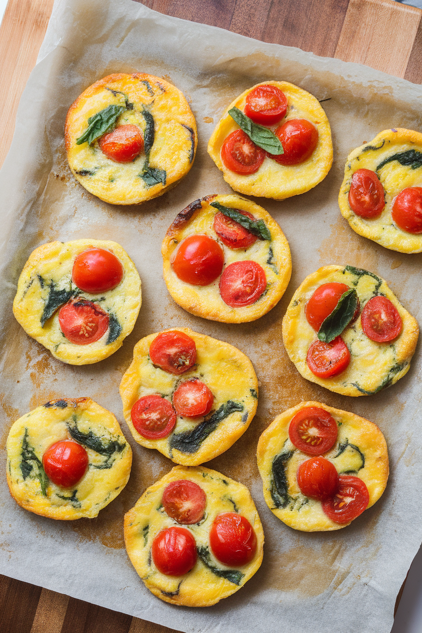 Indoor photo of bite-size cooked frittatas dotted with cherry tomato halves and basil ribbons, cooling on parchment paper. No logos or text.