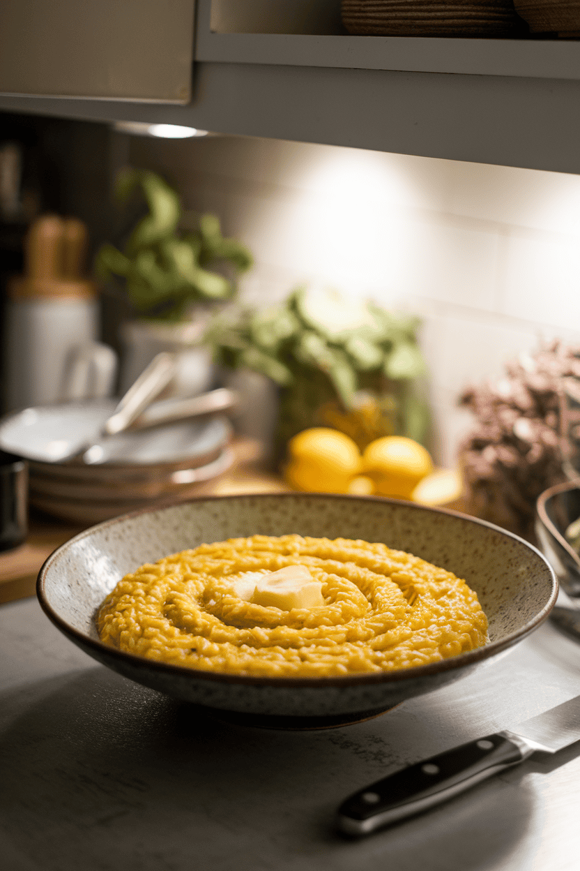 A wide, shallow bowl on an indoor counter filled with creamy yellow saffron risotto, adorned with a small knob of melting butter. Soft under-cabinet lighting, no text or logos. Photo, not illustration.