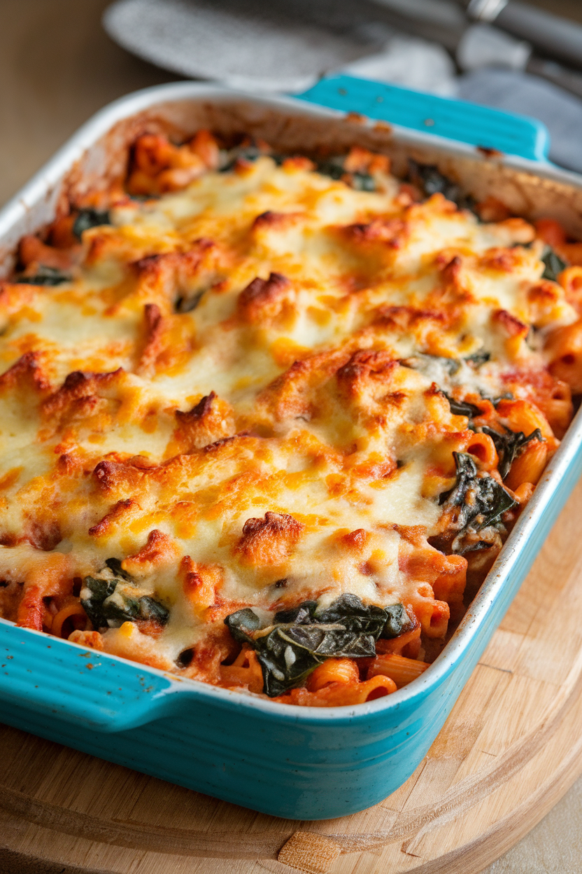 Photo of a baking dish filled with cheesy baked ziti dotted with wilted spinach indoors, no text or logos