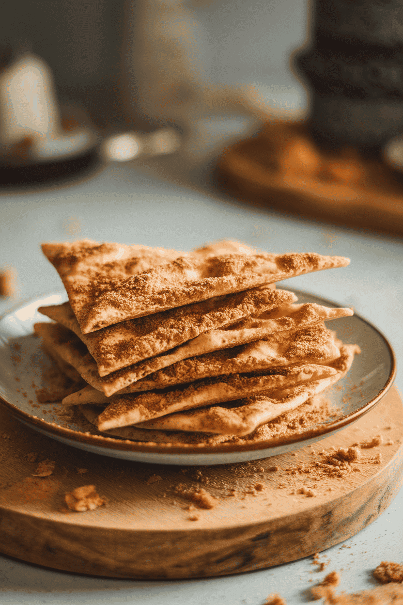 An indoor dessert plate stacked with cinnamon sugar-dusted pita chips, some crumbs scattered artfully. Soft, warm lighting, no text or logos.