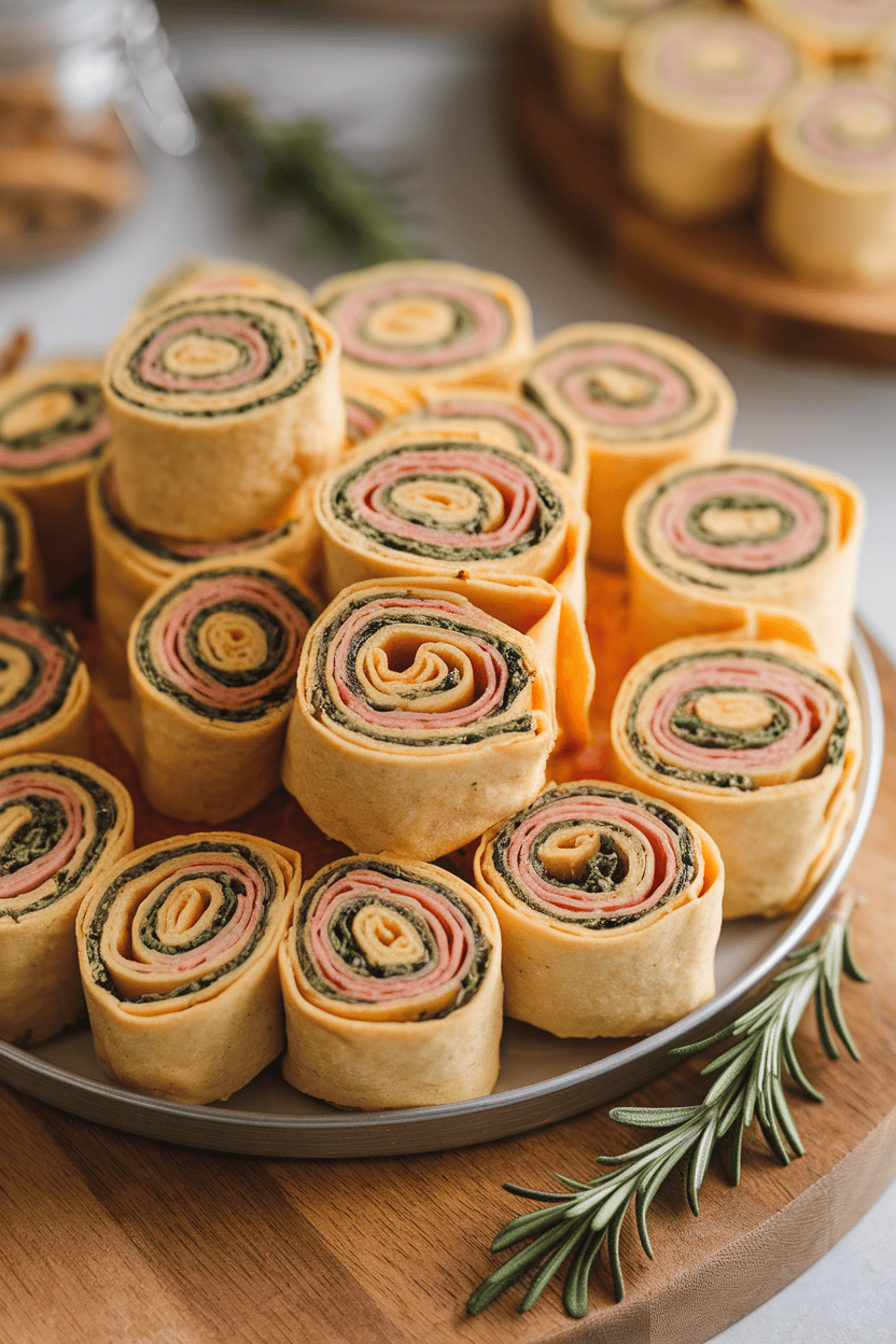 An indoor platter of colorful tortilla pinwheels filled with cream cheese, deli turkey, and spinach, cut into tidy rounds. Soft lighting; no text or logos; photo style.