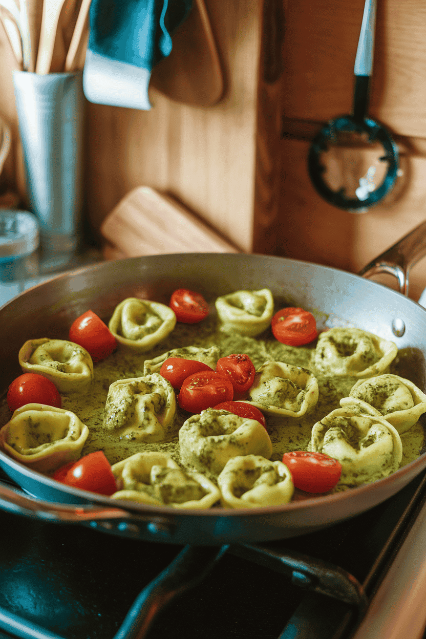 Photo of cheese tortellini coated in green pesto with cherry tomato halves in a shallow skillet set on an indoor counter. Warm cabin lighting; no text or logos visible.