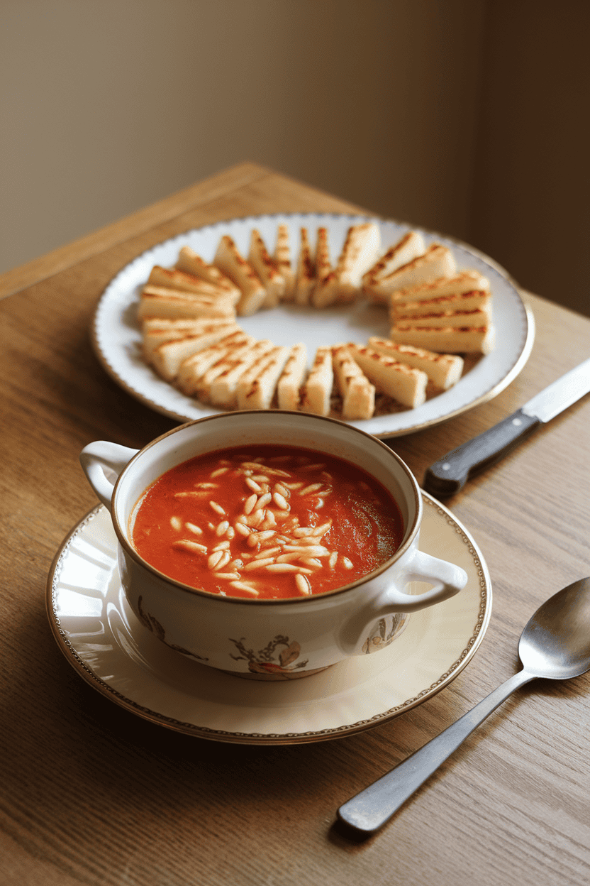 Indoor dining table with a steaming bowl of tomato basil orzo soup and neatly cut grilled cheese strips arranged for dipping. No text or branding shown.