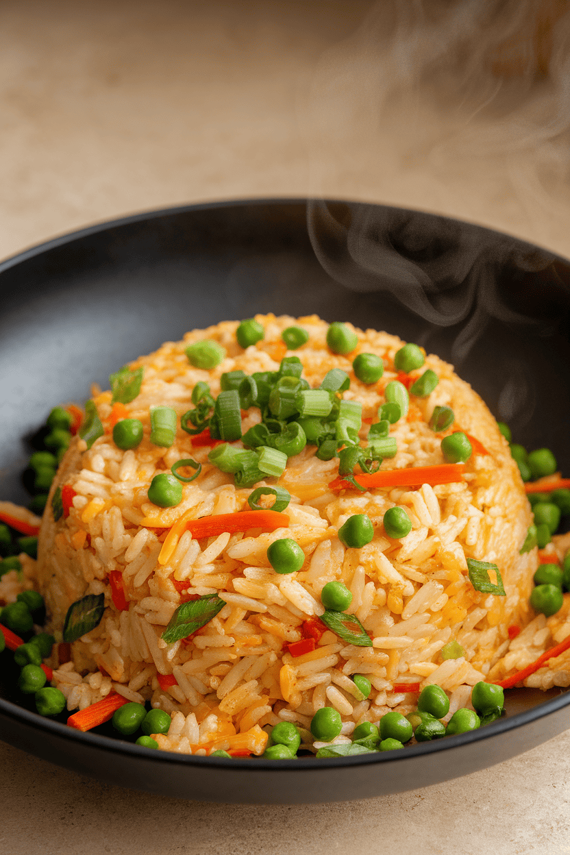 Photo of a bowl of golden egg fried rice studded with colorful vegetables, steam curling up in indoor light; no text or logos.