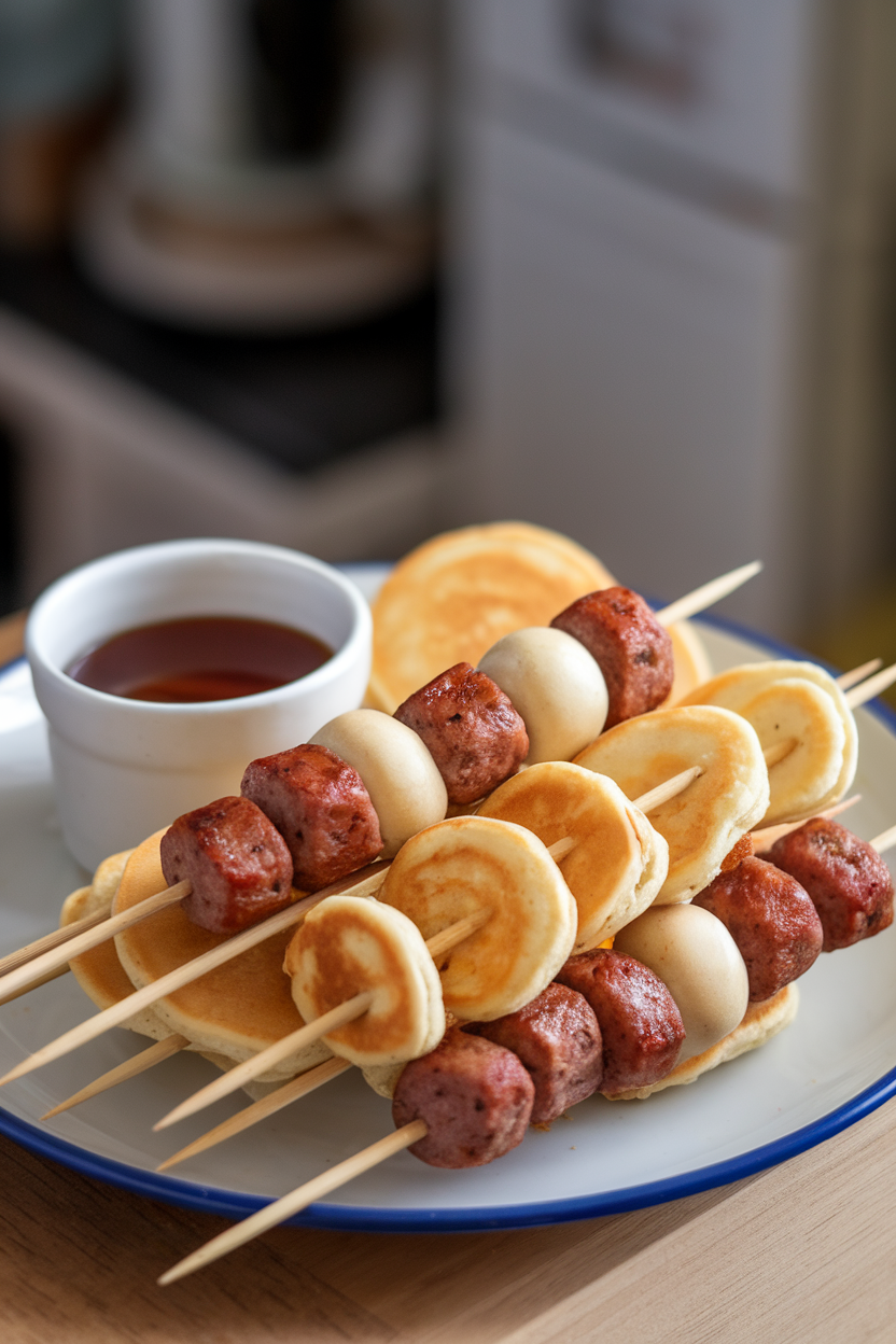 Indoor breakfast plate featuring cooked mini pancakes and browned breakfast sausage pieces threaded alternately on wooden skewers with a side of maple syrup cup. No branding, no text.