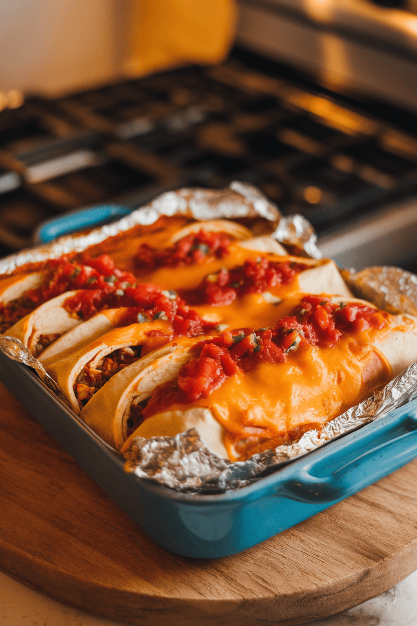 Photo of a casserole dish showing sliced burritos topped with melted cheese and salsa indoors, no text or logos