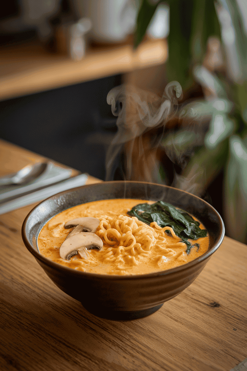 Photo of a bowl of ramen noodles in creamy coconut curry broth with mushrooms and spinach, set on a wooden table indoors. Steam curls upward; no text or logos.