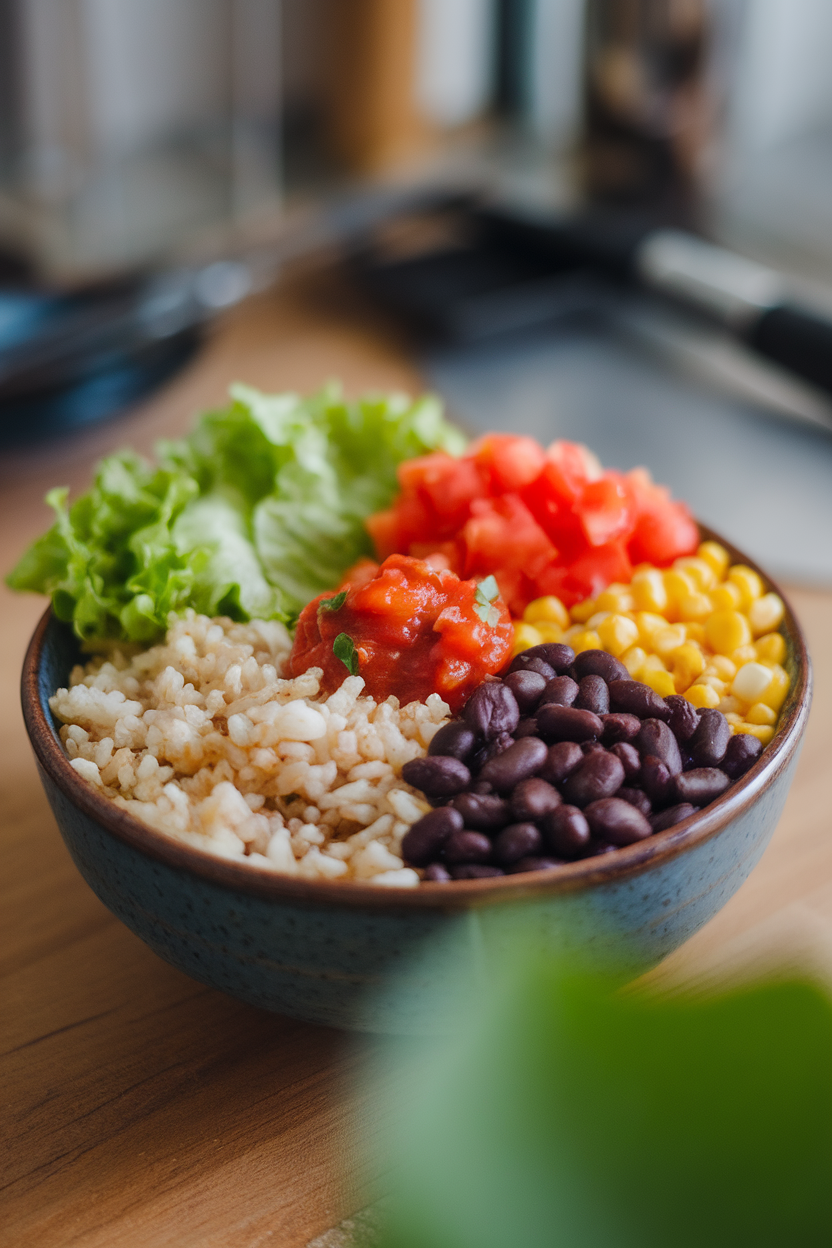 Indoor photo of a bowl filled with rice, black beans, corn, diced tomatoes, lettuce, and a dollop of salsa, arranged in neat sections. No text or logos visible.