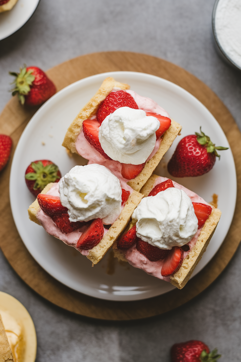Indoor photo of split shortcake biscuits filled with macerated strawberries and whipped cream on a dessert plate; overhead soft light; no text or logos. Photo, not illustration.