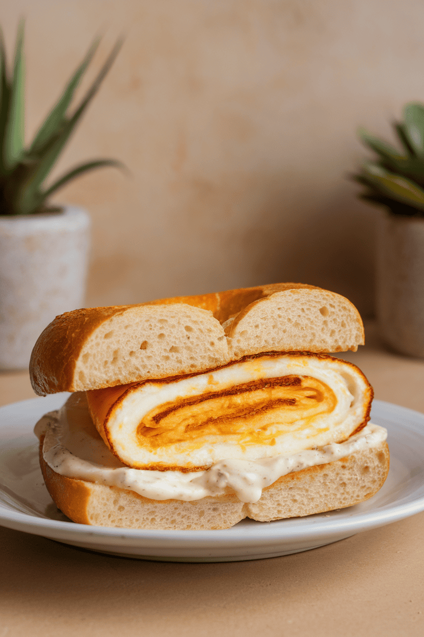 Photo of a toasted bagel sandwich stuffed with a folded egg and melted cheese, taken indoors near a window; no text or logos.