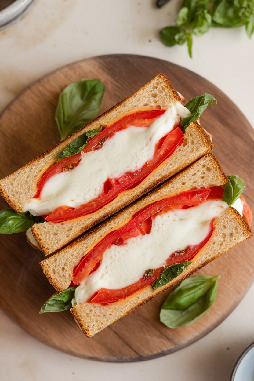 Indoor photo of a halved grilled cheese sandwich oozing mozzarella, tomato slices, and basil, sitting on a wooden board. No text or logos visible.