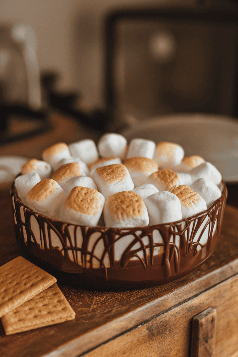 Indoor photo of a round baking dish filled with melted chocolate and toasted marshmallows on top, served with graham crackers for dipping; cozy lighting; no text or logos