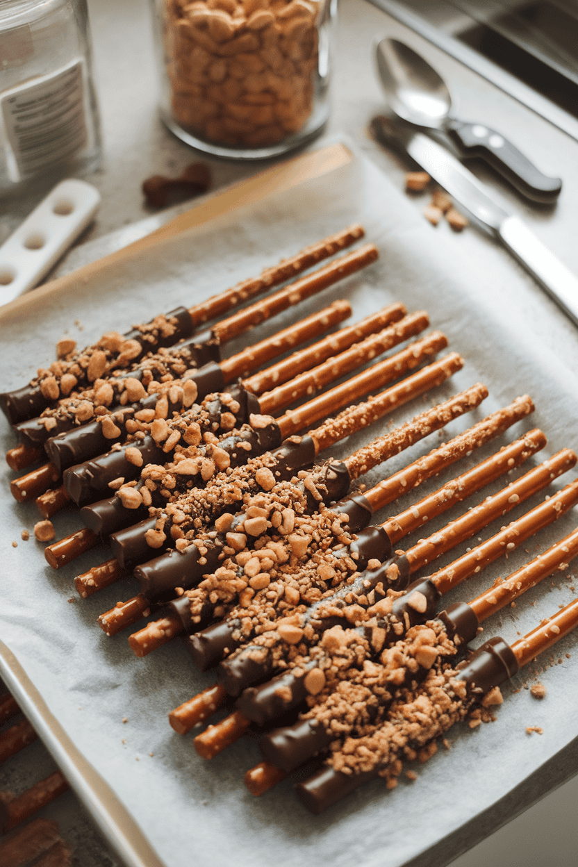 An indoor countertop showing long pretzel rods half-coated in chocolate and sprinkled with crushed peanuts, laid on parchment. No text or logos; photo not illustration.