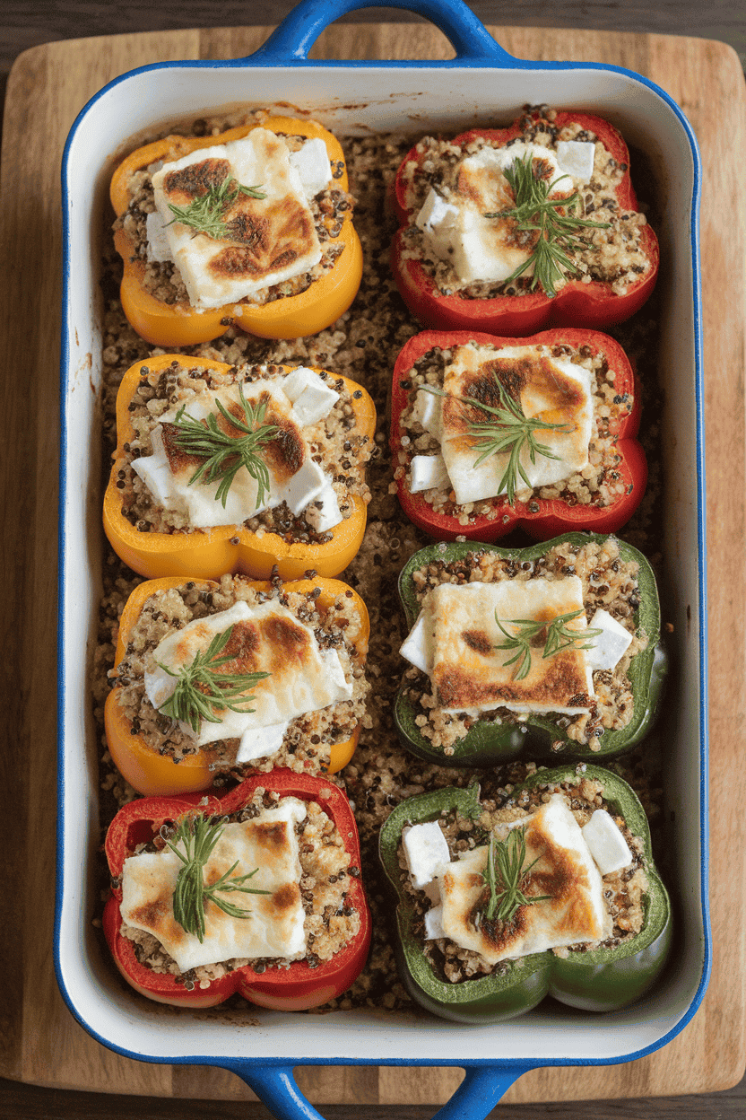 Indoor casserole dish with colorful bell peppers filled with quinoa, feta, and herbs, cheese slightly browned on top. No text or logos.