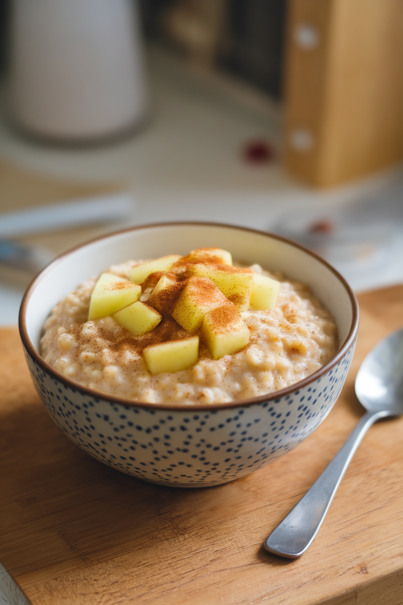 Indoor photo of a bowl of oatmeal topped with diced apples and a sprinkle of cinnamon. No logos or text visible.