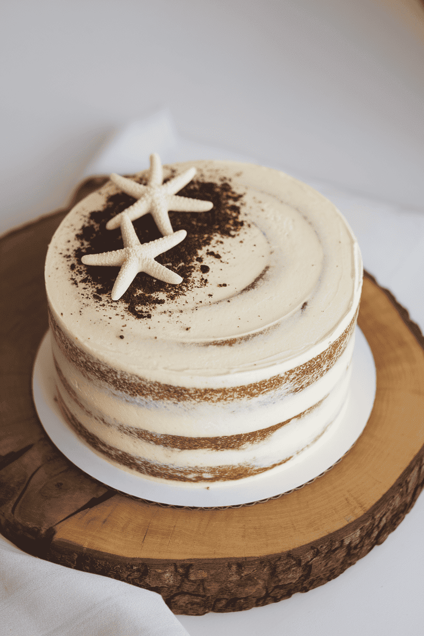 Indoor photo of a semi-naked vanilla cake with minimal frosting, topped with white-chocolate starfish and a dusting of cookie crumbs; gentle daylight; no text or logos.