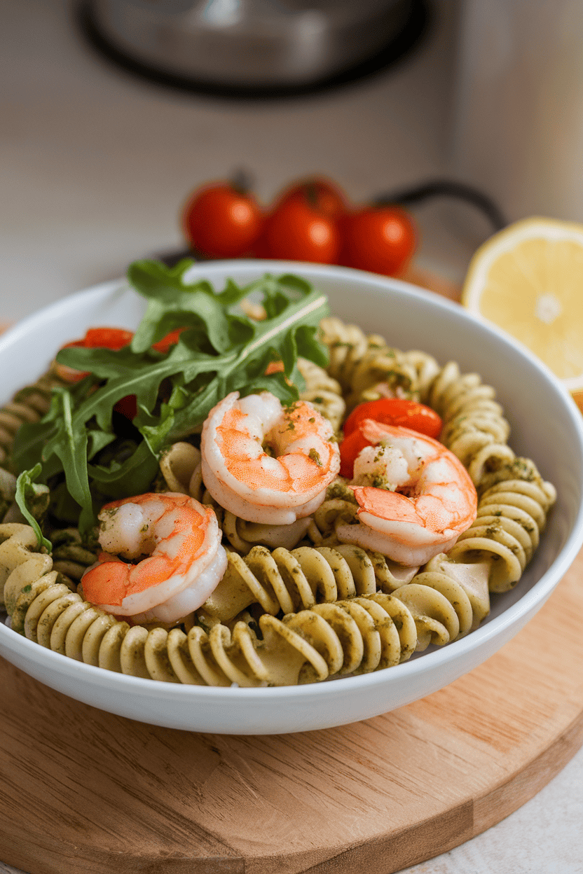 An indoor lunch bowl with pesto-coated whole-wheat pasta spirals, cooked grilled shrimp, and fresh arugula leaves tossed together; no text or logos; photo only.