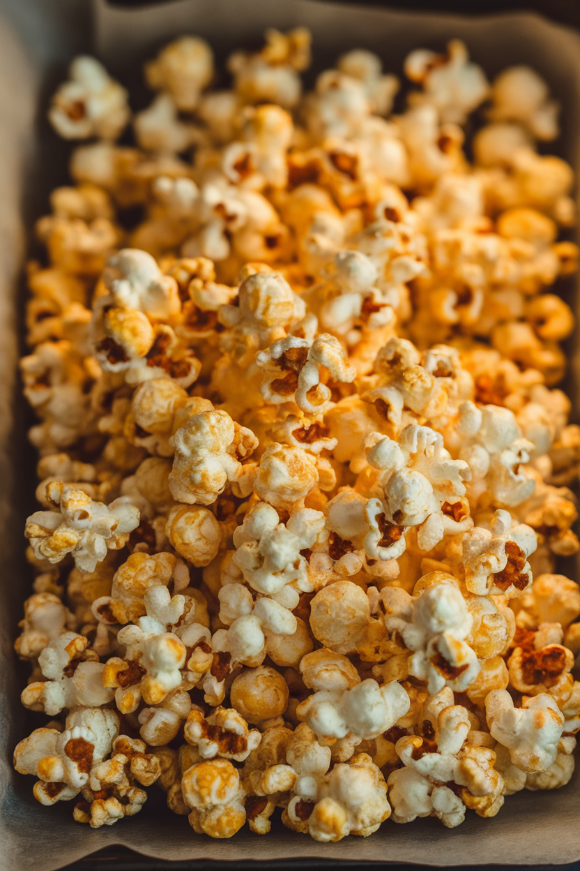 Indoor photo of parchment-lined tray with irregular caramel popcorn clusters glistening under warm light; no text or logos. Photo, not illustration.