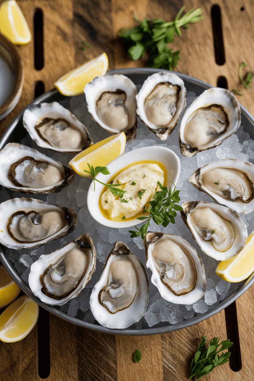An indoor platter of opened, cooked oysters on the half shell topped with bubbling lime-garlic butter. No logos or text.