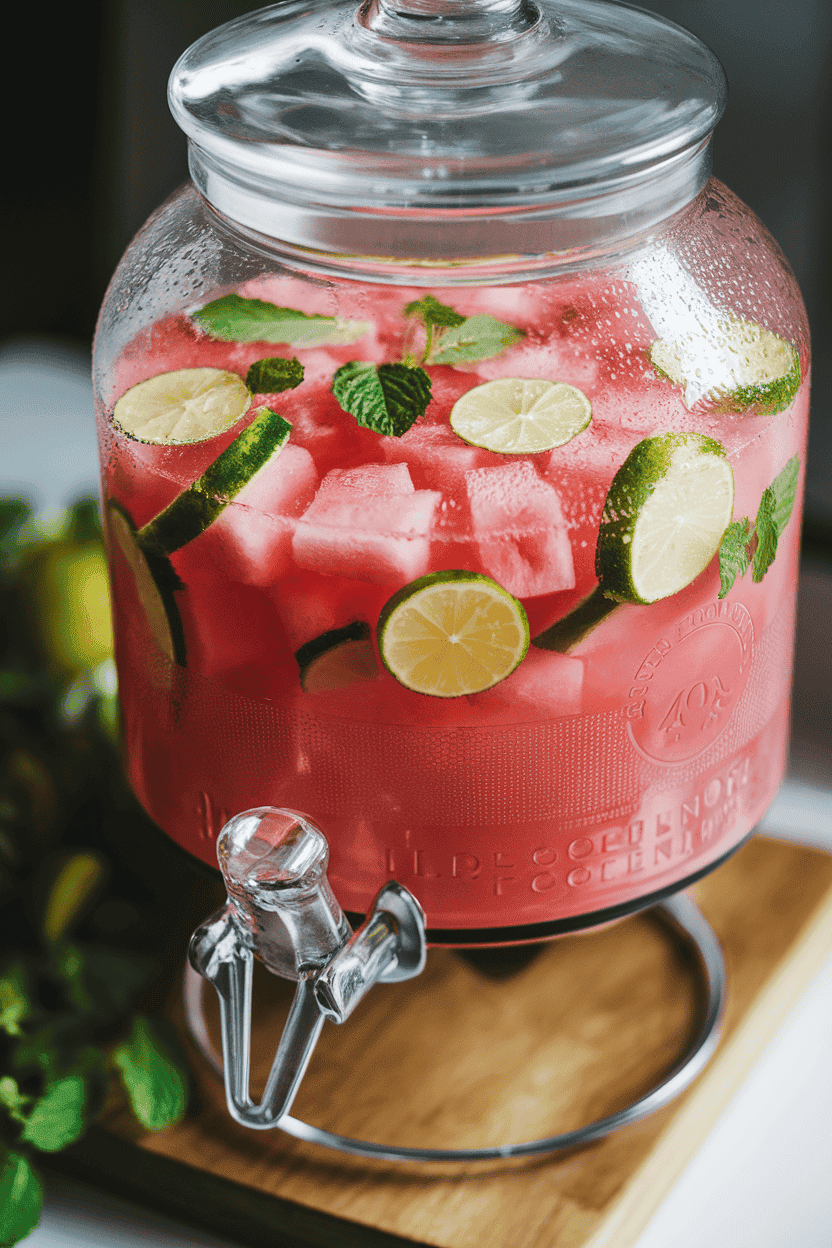Indoor photo of a clear glass beverage dispenser filled with pink watermelon punch dotted with lime slices and mint, condensation on the outside. No text or logos on the dispenser.