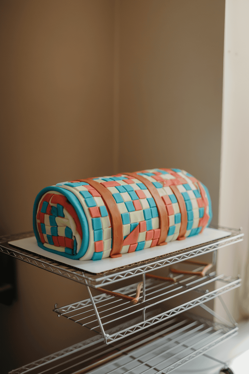 An indoor baker’s rack with a colorful roll cake wrapped in quilted fondant stitching, resembling a sleeping bag, shot under soft studio lights. No text or logos; photograph.
