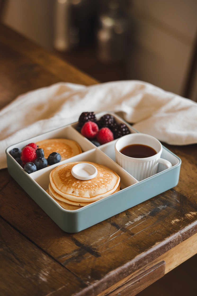 Indoor tabletop scene showing a small compartmentalized container filled with silver-dollar pancakes, a lidded cup of maple syrup, and a handful of fresh mixed berries. Warm, soft morning lighting; no text or logos; photo, not illustration.