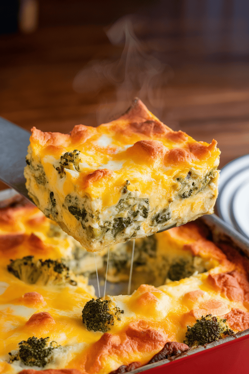 Photo of a square of fluffy broccoli cheddar egg bake lifted from a casserole dish indoors, steam visible, no text or logos