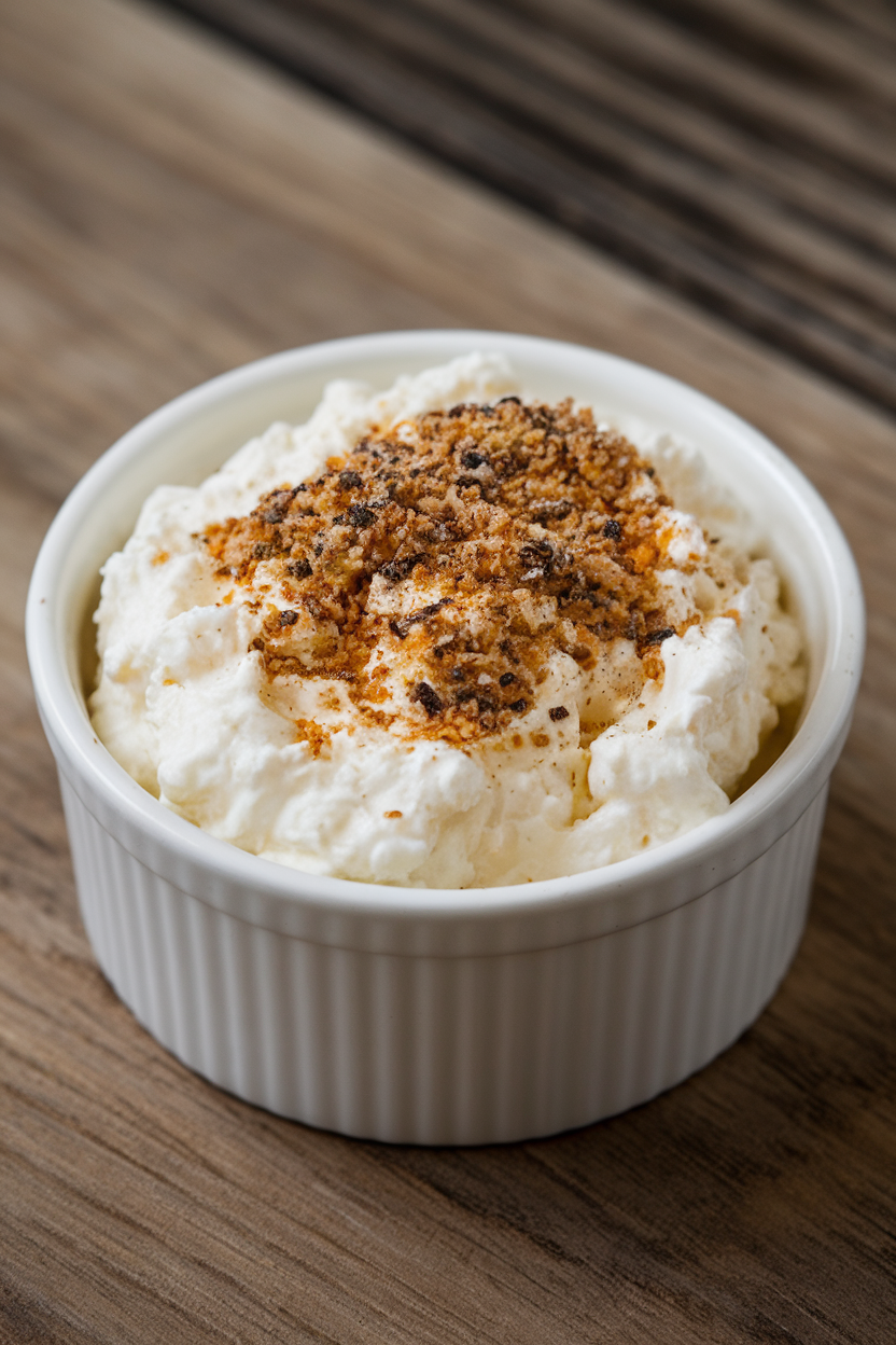 An indoor ramekin of cottage cheese sprinkled with “everything bagel” seasoning, no text or logos, photograph only.