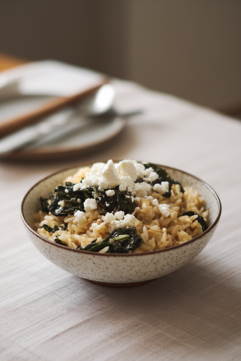 Indoor photo of a bowl of rice pilaf mixed with wilted spinach and crumbled feta, resting on a neutral tablecloth. No logos or text.