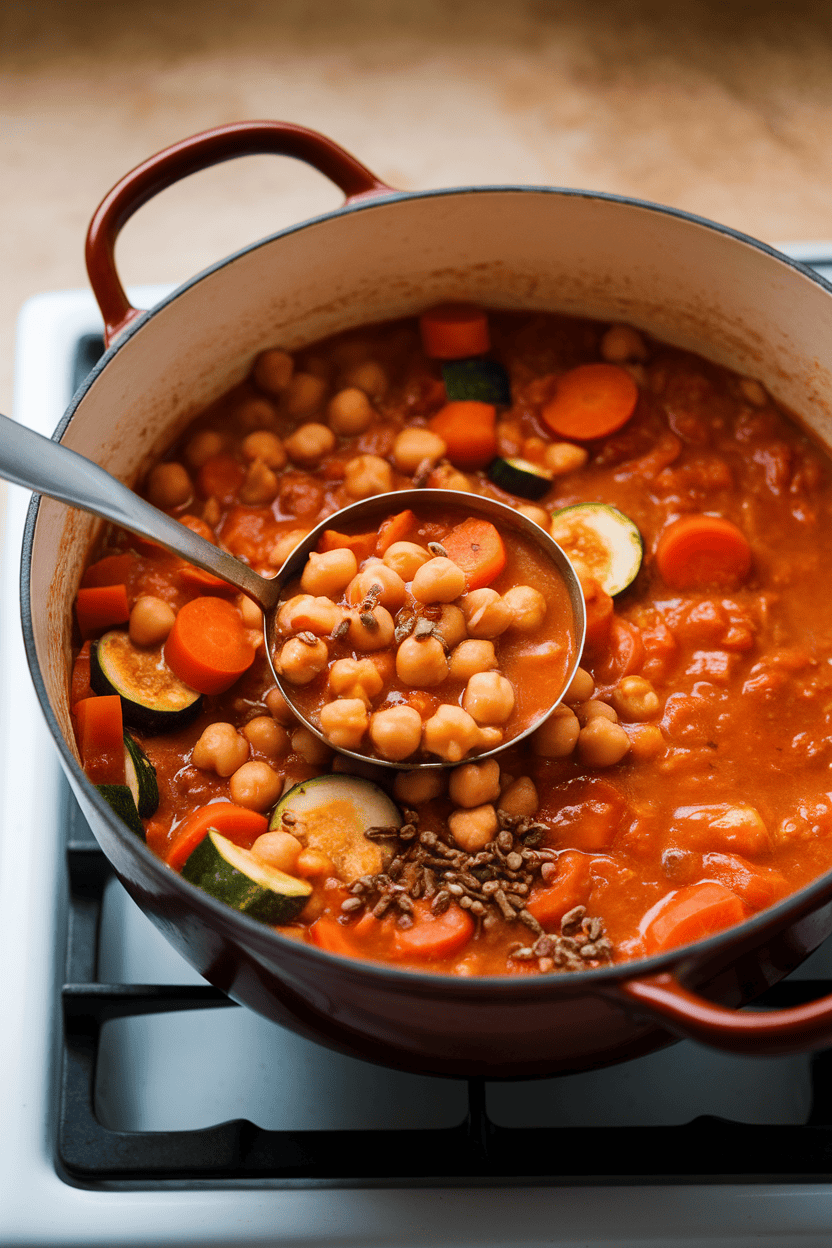 Indoor stovetop pot of tomato-based chickpea stew simmering with carrots, zucchini, and warm spices, ladle resting on rim; no text or logos, photograph.