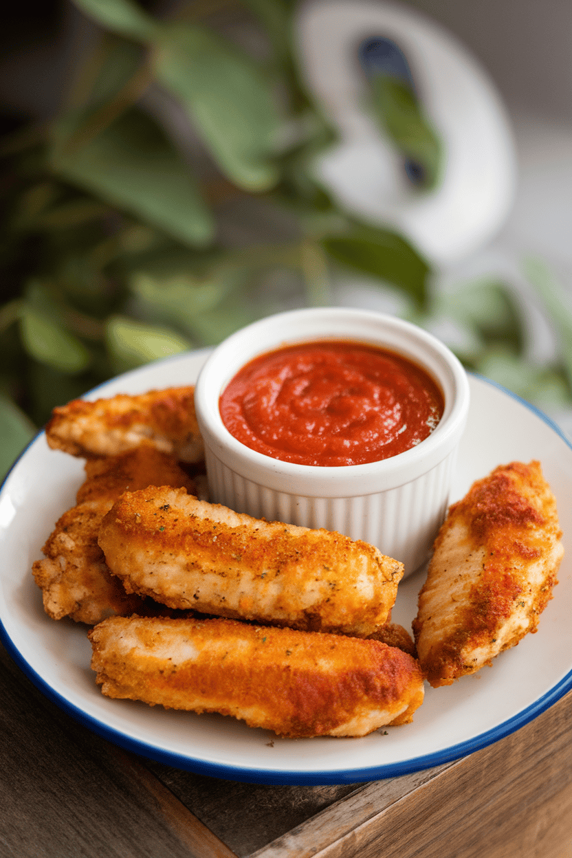 Photo of a plate of golden baked chicken tenders with a ramekin of marinara for dipping; indoor side-angle shot; no text or logos.