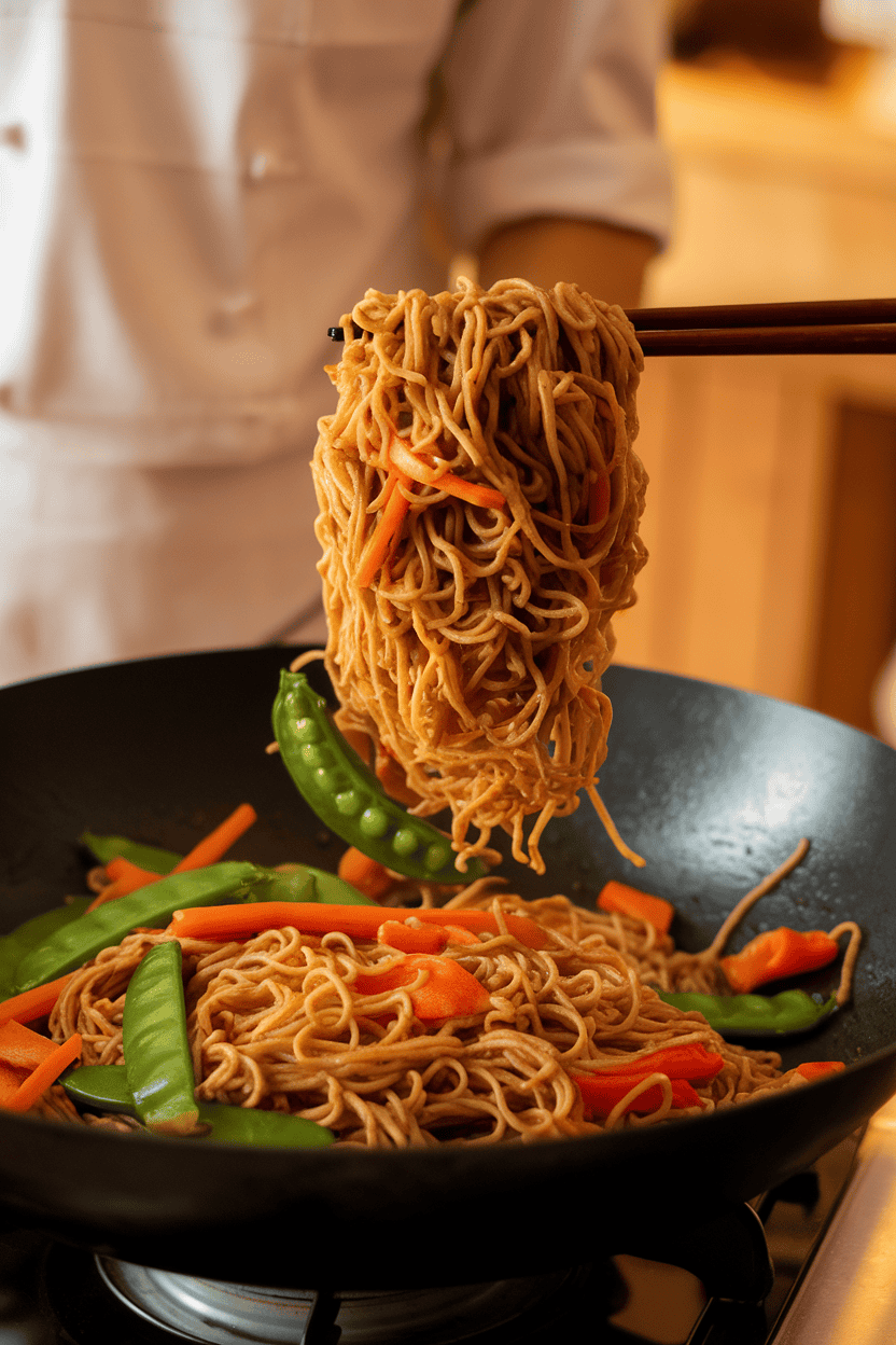 An indoor wok scene showing lo mein noodles tossed with snap peas, carrots, and bell peppers under warm lighting. No brand names or text.