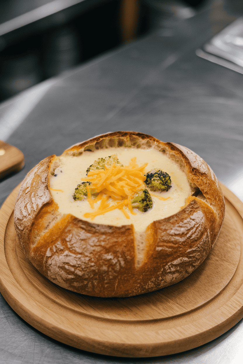Indoor counter scene showcasing a hollowed sourdough bread bowl filled with creamy broccoli cheddar soup, cheese shreds melting on top; no text or logos, photo only.