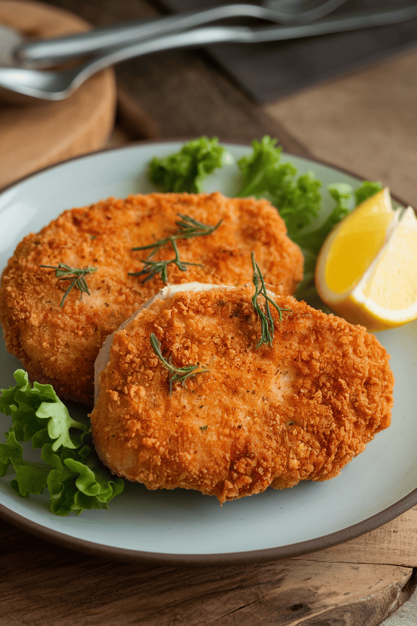 Indoor dinner plate with two crispy breaded turkey cutlets, a lemon wedge on the side, no logos or text.