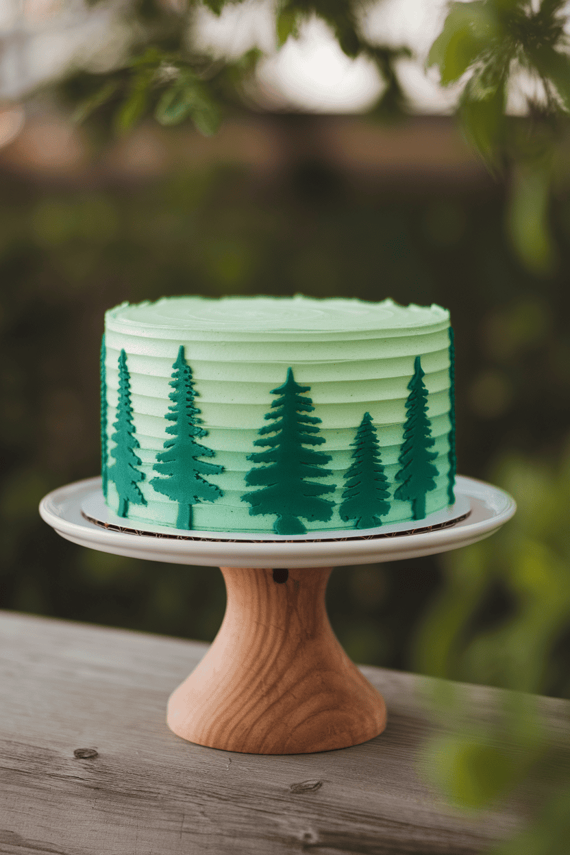 An indoor cake stand holding a round cake iced in ombré green buttercream with textured tree silhouettes around the sides, shot from a slight angle. No text or logos in the scene; photo only.