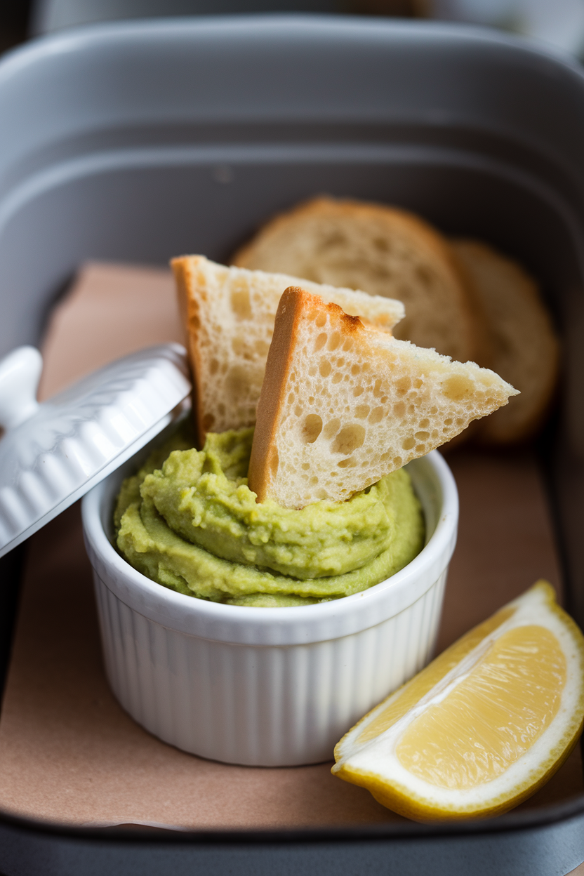 Photo indoors of a small lidded ramekin of mashed avocado, two toasted sourdough triangles, and a lemon wedge inside a container. Soft side lighting; no text or logos.