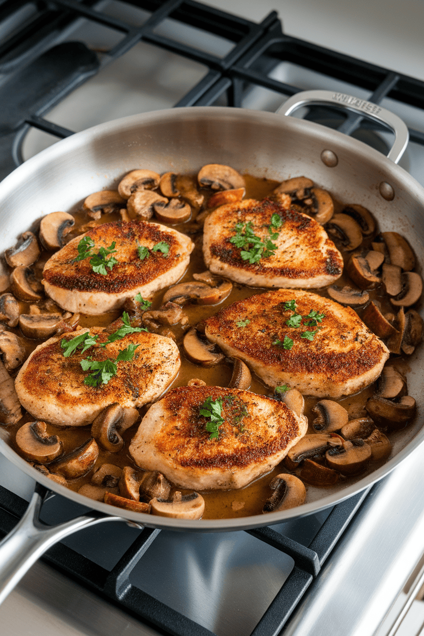 Photo of a skillet filled with seared chicken cutlets in mushroom-Marsala sauce, garnished with parsley; indoor stovetop scene; no text or logos.