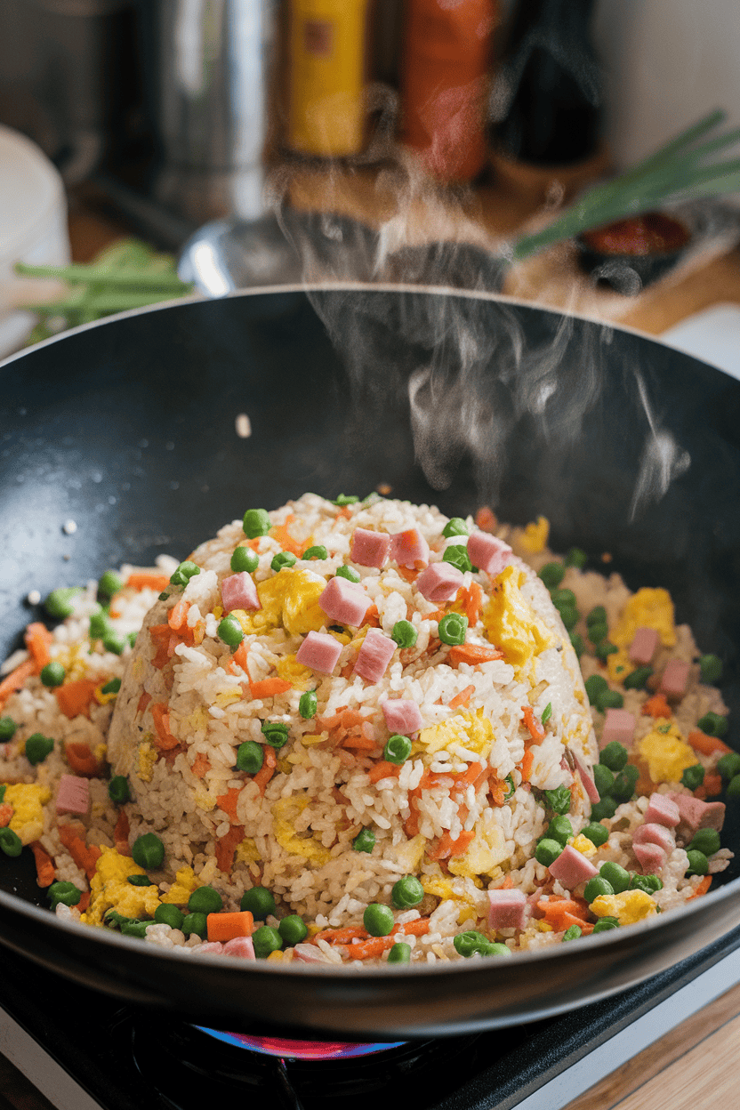 An indoor wok scene showing colorful fried rice dotted with peas, carrots, scrambled egg, and diced ham, steam wafting upward, no branding.