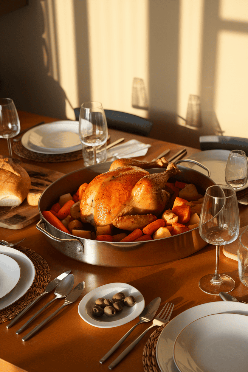 Photo of a warmly lit indoor dining table featuring a whole golden roast chicken surrounded by chunky roasted carrots, parsnips, and potatoes in a large roasting pan; slight overhead angle; no text or logos visible; photo, not illustration.