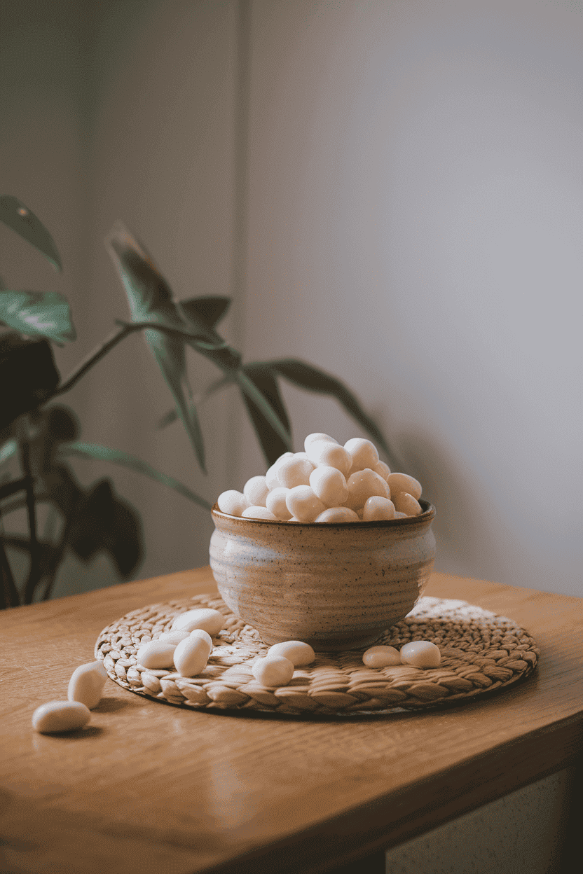 An indoor ceramic bowl filled with glossy white yogurt-coated raisins on a wooden table, gentle overhead light, no text or logos.