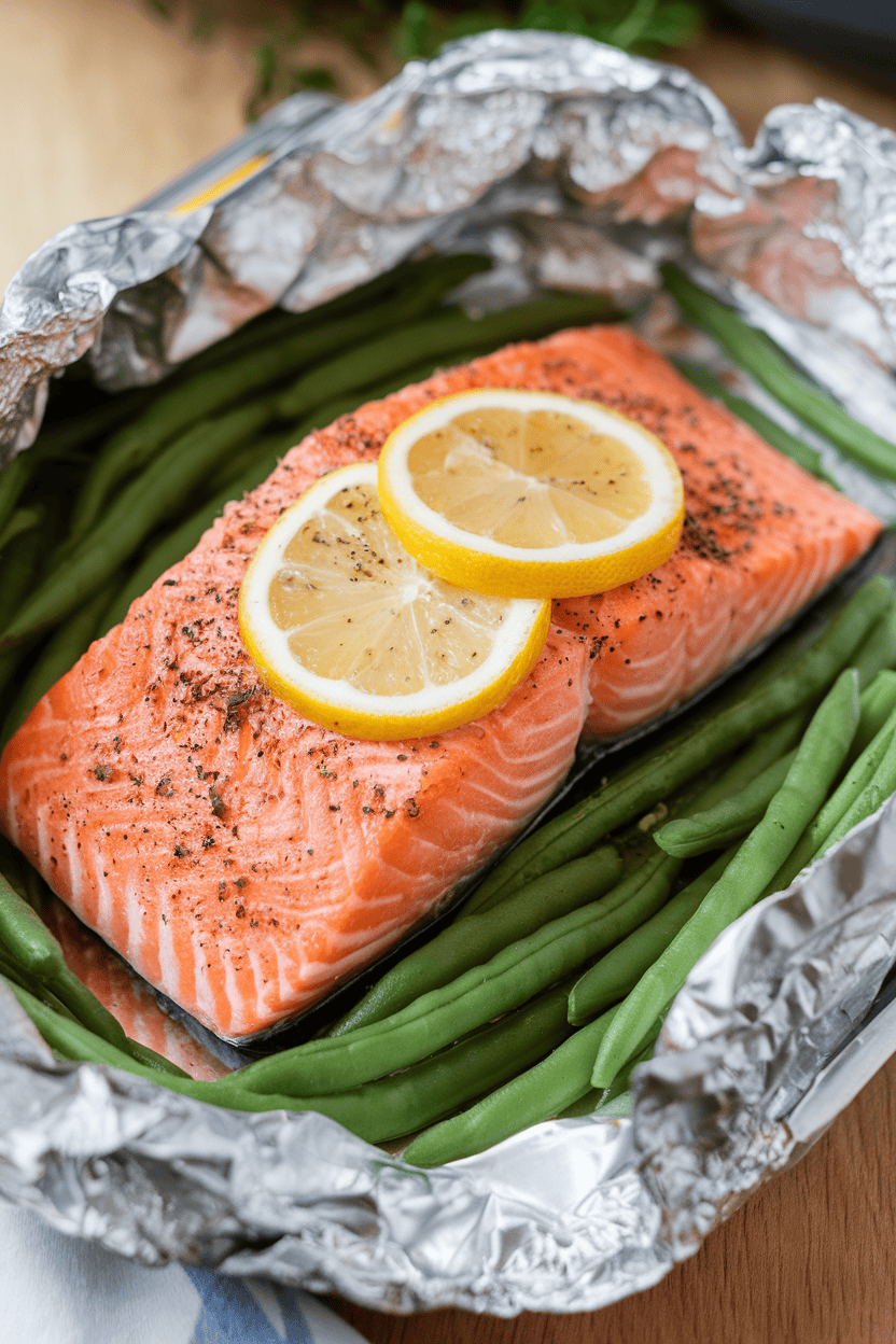 Indoor photo of cooked salmon in foil topped with cracked black pepper and lemon slices, surrounded by green beans. No text or logos present.