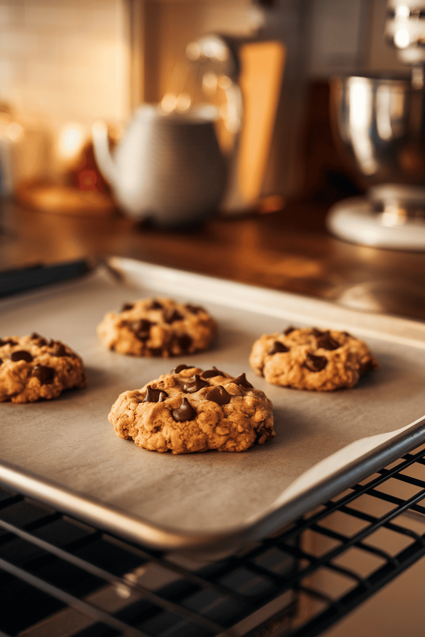 An indoor cookie sheet holding golden oatmeal chocolate chip cookies cooling on parchment, chocolate still slightly melty. Warm kitchen lighting; no text or logos; photo, not illustration.