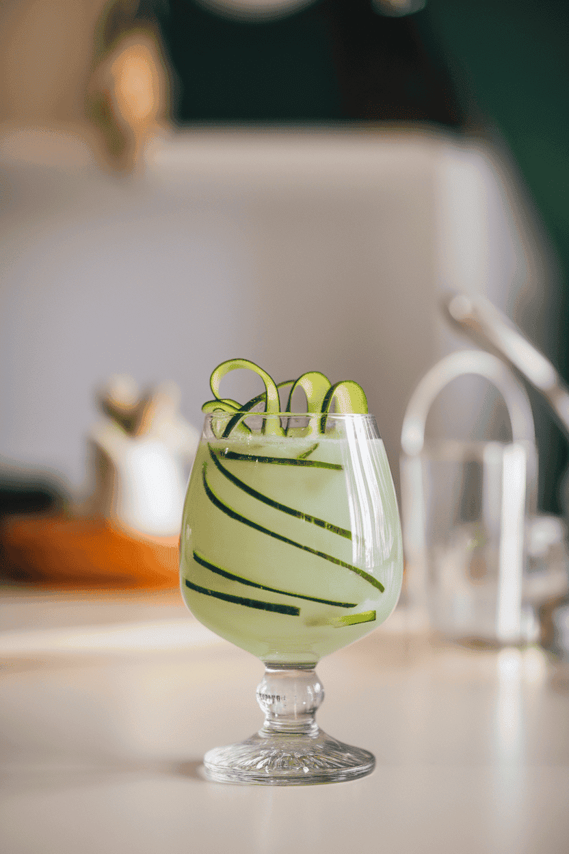 Photo, indoors, glass punch cup with pale green punch, thin cucumber ribbons spiraling inside. No text or logos.