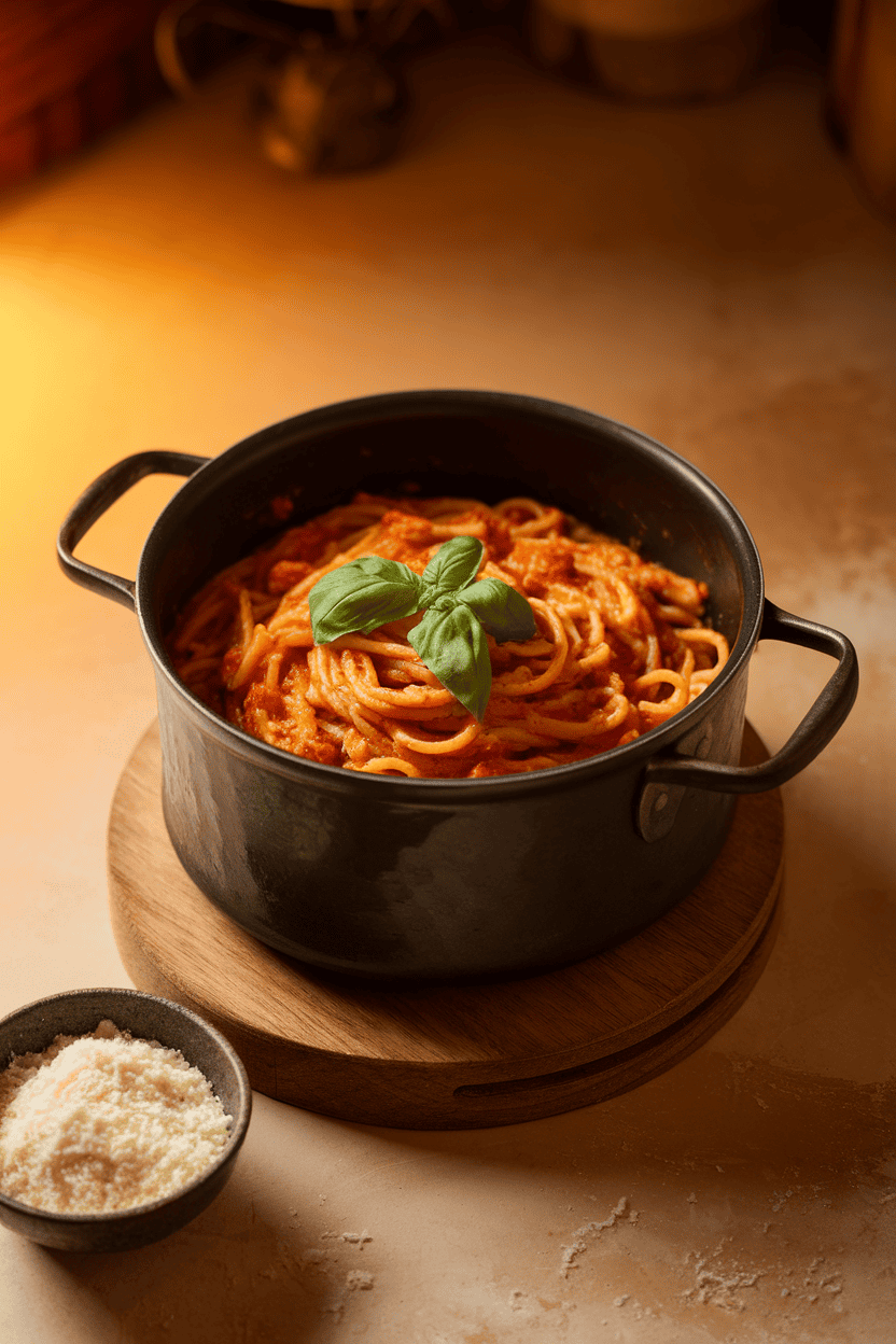 Indoor photo of a deep pot filled with saucy spaghetti topped with fresh basil, set on a wooden trivet beside a small bowl of grated Parmesan; warm kitchen lighting, no text or logos.