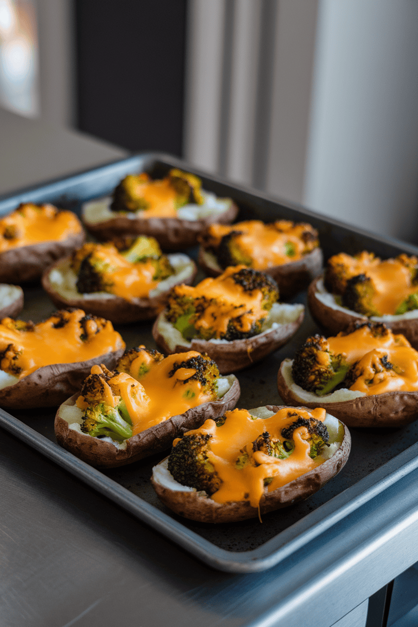 A baking tray on an indoor counter holding halved potato skins filled with bright broccoli florets and melted cheddar bubbling on top. No visible text or branding.