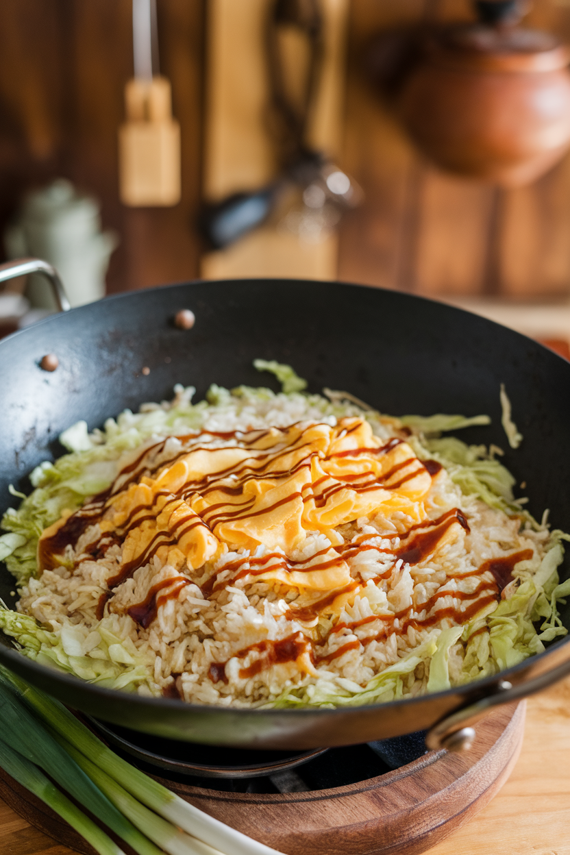Indoor photo of a wok filled with rice stir-fried with shredded cabbage, soy sauce, and scrambled egg ribbons. Warm kitchen light, no logos or text.
