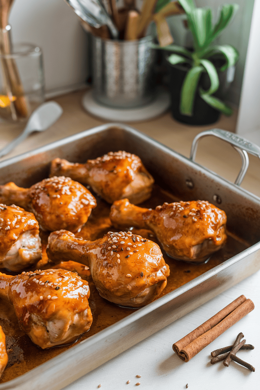 An indoor kitchen counter with a roasting pan full of glazed chicken drumsticks sprinkled with sesame seeds. No text or logos; photo, not illustration.